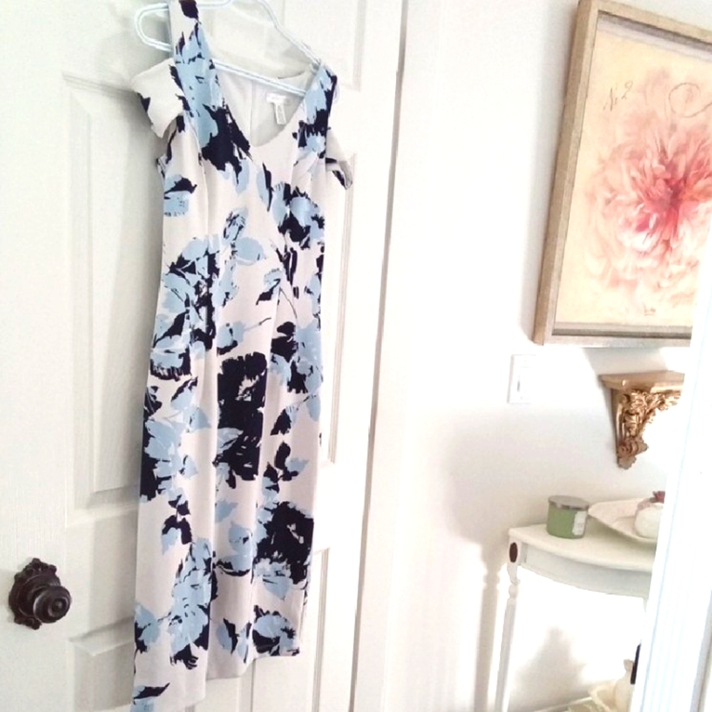 London Times Women's White Blue Floral Leaf Pattern Cold Shoulder Dress Size 6